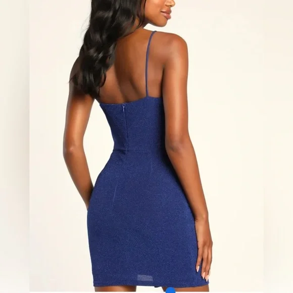 NWT - Lulus Take Me Anywhere Cobalt Sparkly Asymmetrical Bodycon Mini Dress XS - Picture 3 of 6